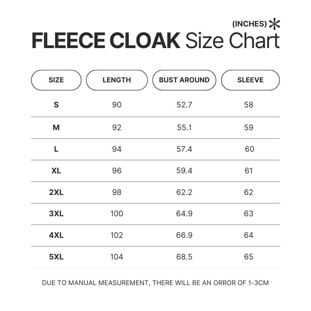 Fleece Cloak Size Chart - Anime Jacket UK Store
