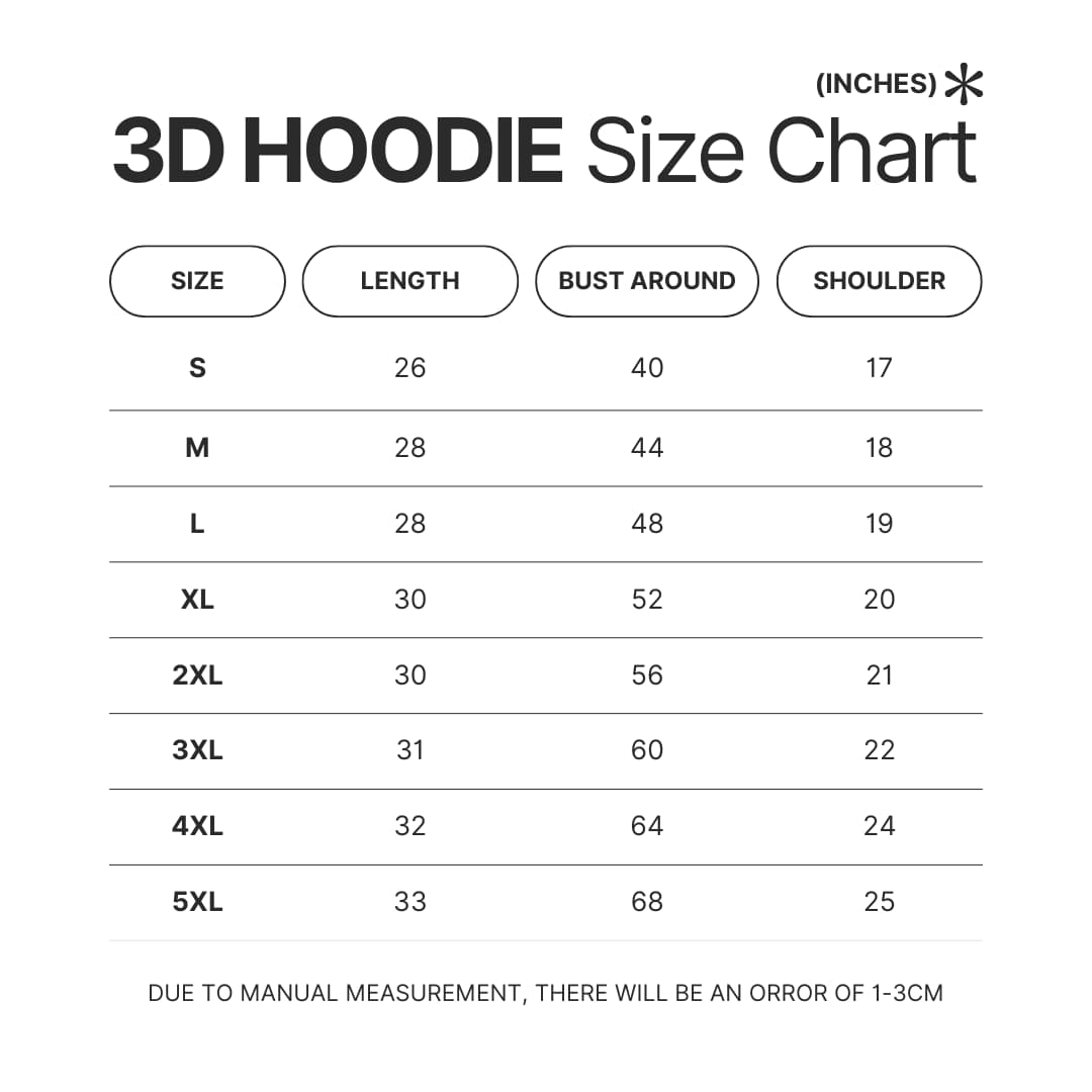 3D Hoodie Size Chart - Anime Jacket UK Store