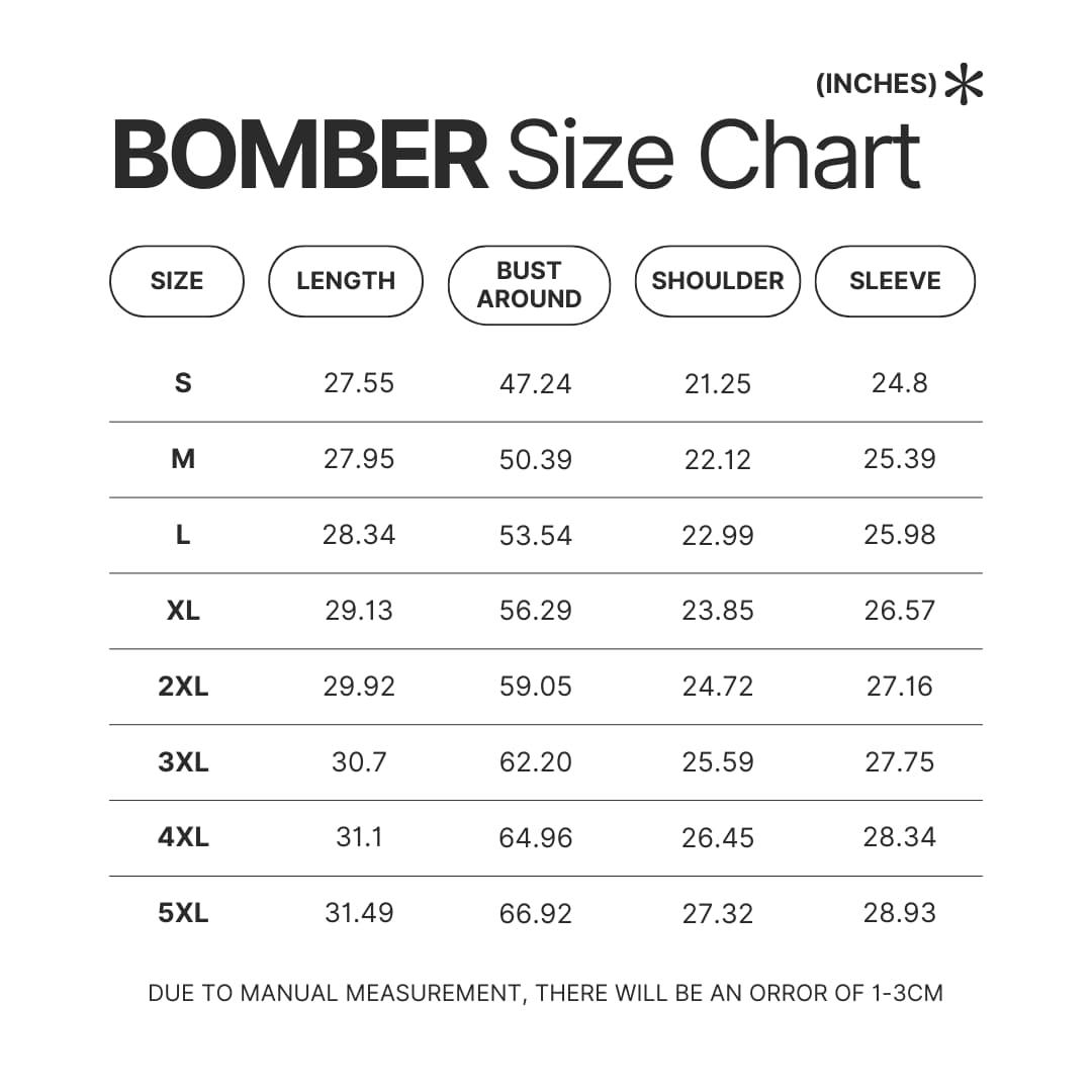 Bomber Size Chart - Anime Jacket UK Store