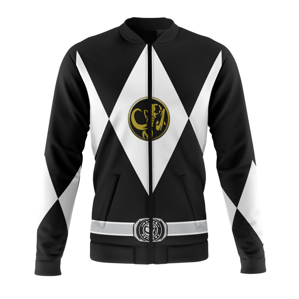 black ranger mighty morphin power rangers casual bomber jacket dlnak - Anime Jacket UK Store