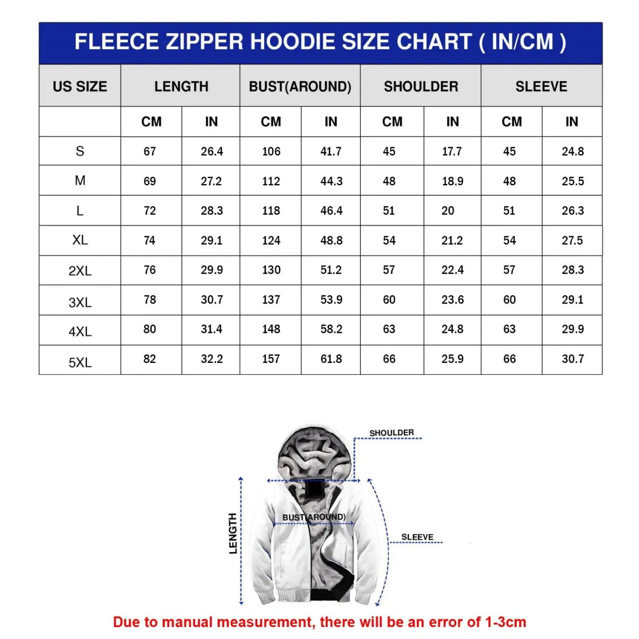 Fleece Zipper Hoodie Size Chart - Anime Jacket UK Store