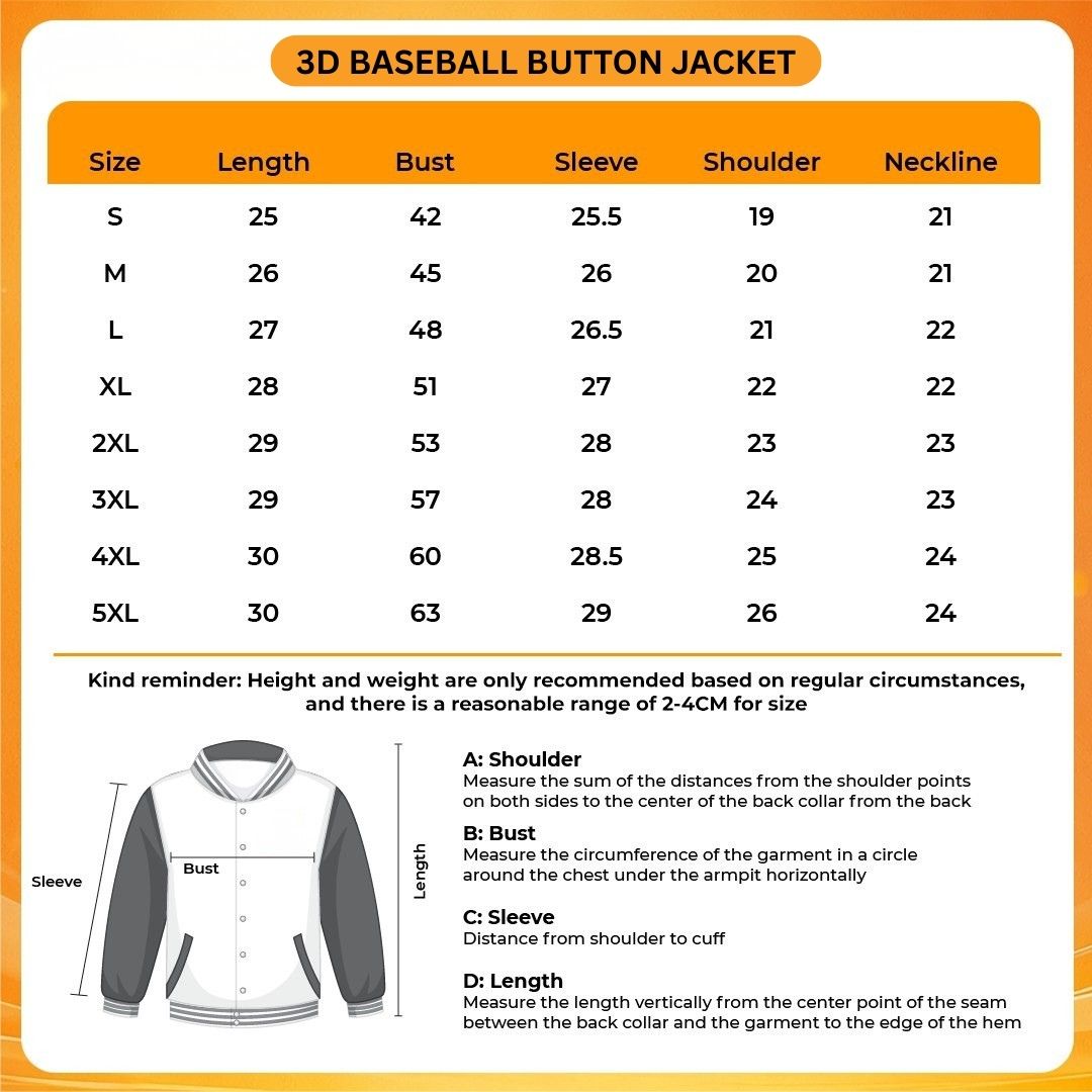 3D Baseball Button Jacket Size Chart 1 - Anime Jacket UK Store